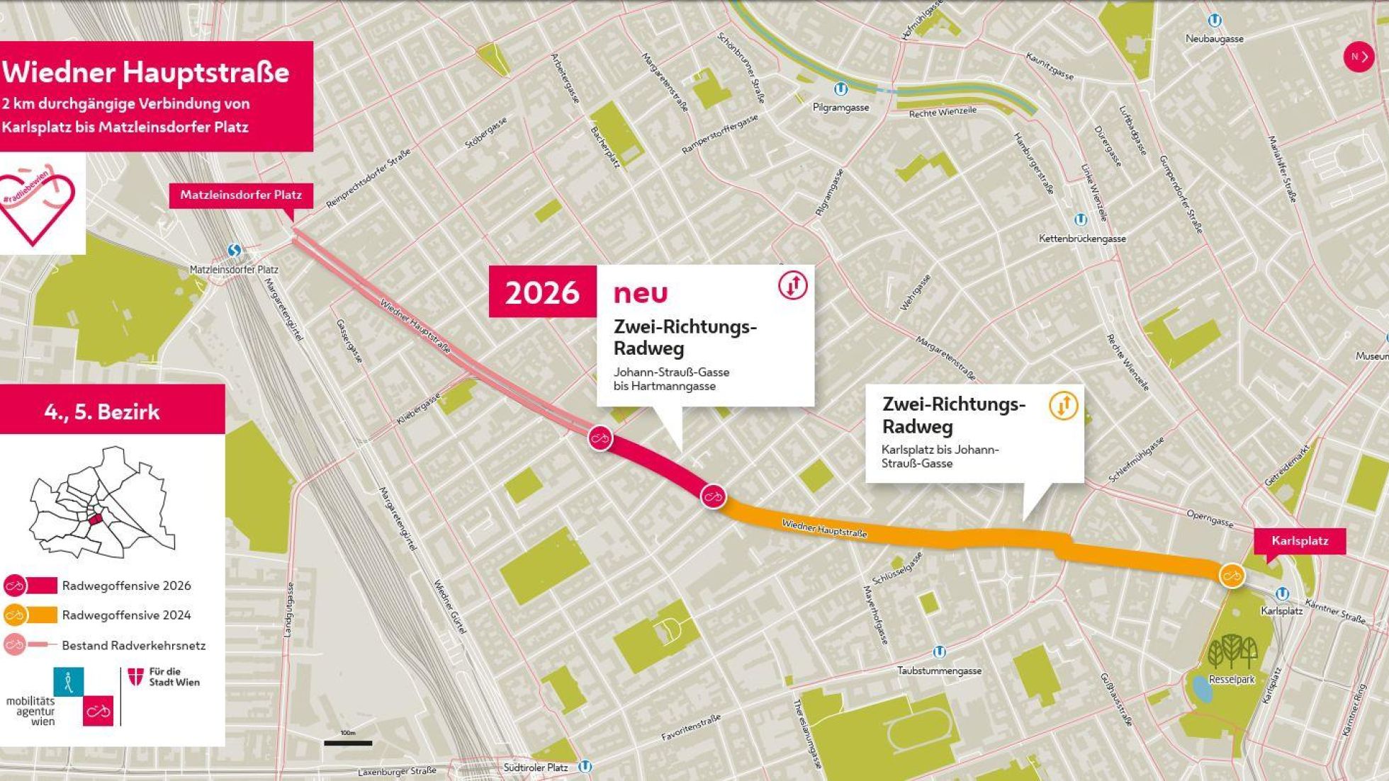Karte zeigt neuen Radweg im Bereich der Wiedner Hauptstraße im Stadtplan