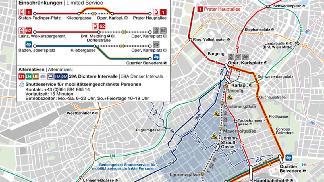 Stadtplanausschnitt mit Baustellen und Umleitungsstrecken der Straßenbahn