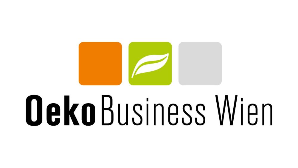 OekoBusiness Wien-Logo: oranges Quadrat, grünes Quadrat mit einem Blatt, ein graues Quadrat und darunter der Schriftzug OekoBusiness Wien