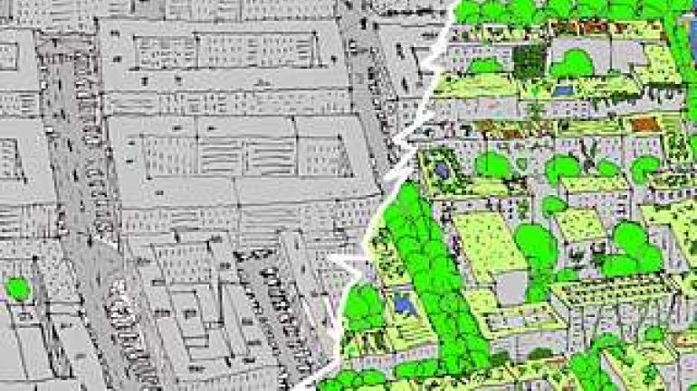 copyright: Jürgen Stanzer, MA 22 links: Stadtteil ohne Grünstruktur, rechts: Stadtteil mit Grünstruktur