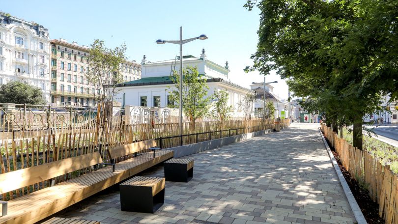 Sitzbänke entlang eines Beets