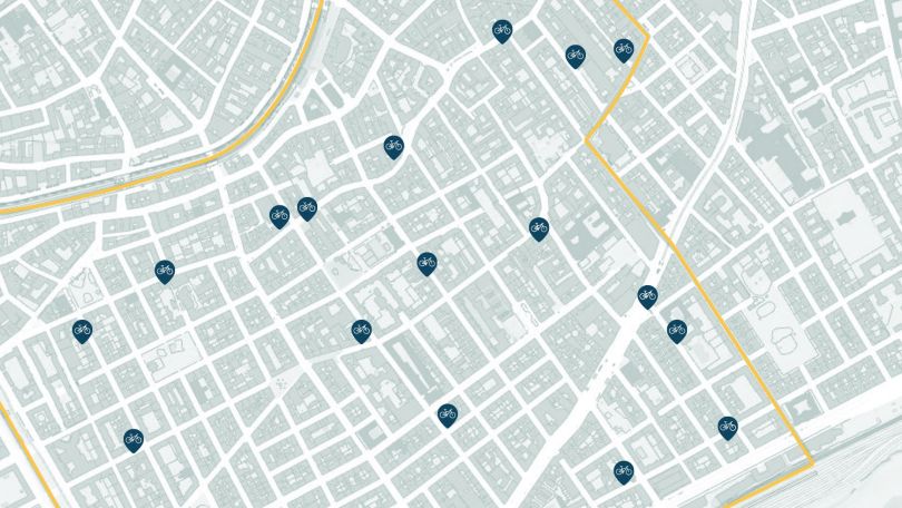 Stadtplanausschnitt mit eingezeichneten Standorten der Radbügel