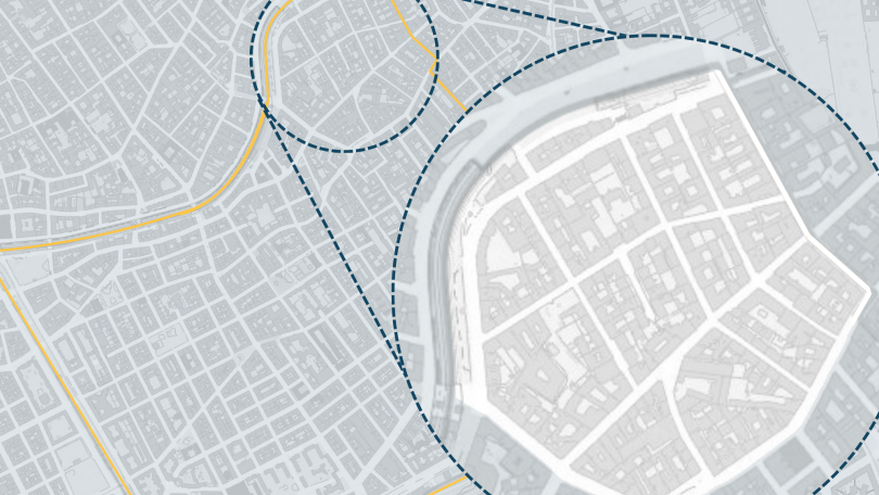 Stadtplanausschnitt: Ein Gebiet im 5. Bezirk ist mit einem blauen Kreis hervorgehoben.