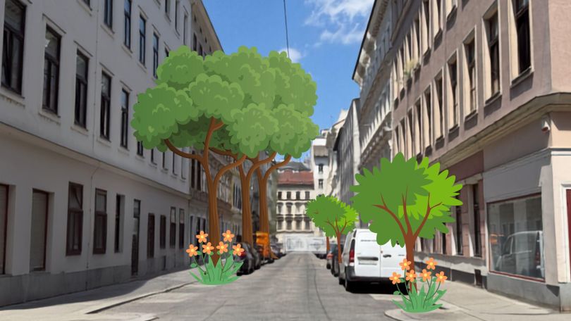 Aufnahme der Rüdigergasse mit grafisch eingefügten Bäumen und Blumen