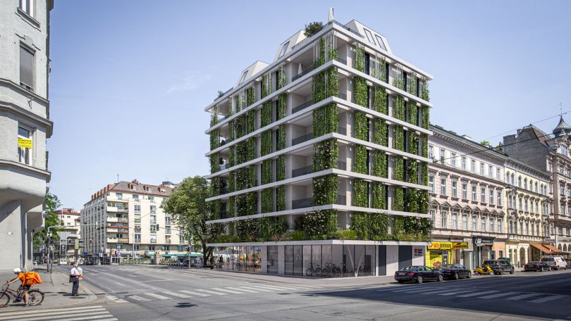 Visualisierung eines modernen Gemeindebaus mit Fassadenbegrünung