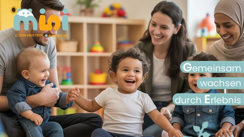 copyright: BV 5 3 Babys, 2 Frauen und 1 Mann spielen und lachen gemeinsam. Logo des mini*Kinder-Eltern-Treffs und Aufschrift "Gemeinsam wachsen durch Erlebnis"