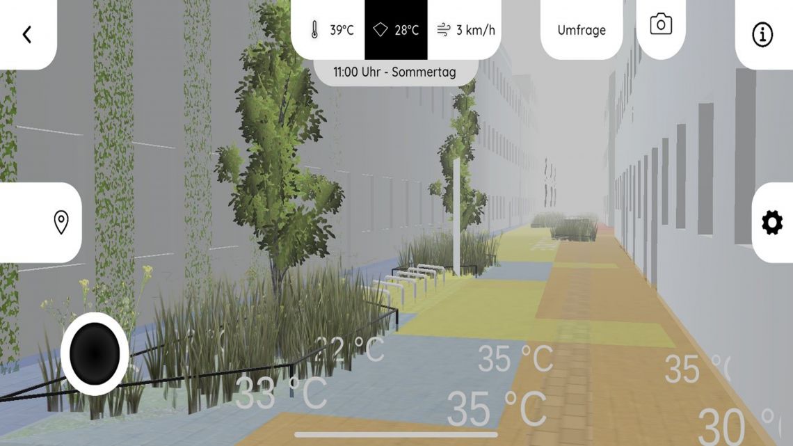 Visualisierung einer Straße via Handy-App, die die Bodentemperatur an verschiedenen Stellen anzeigt