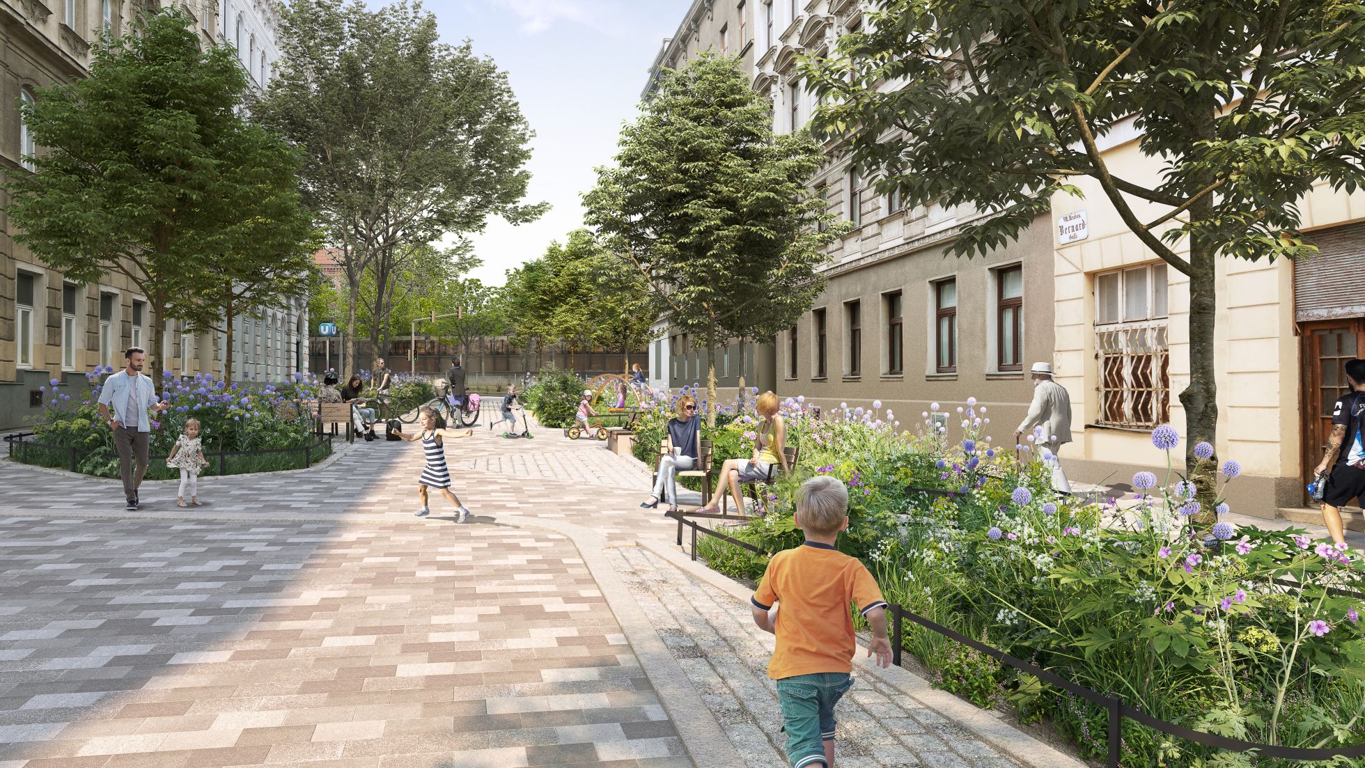 copyright: EGKK Landschaftsarchitektur - Schreiner Kastler Rendering: Eine gepflasterte Begegnungsstraße mit Bäume und Beeten; Kinder laufen umher; auf Bänken sitzen Leute