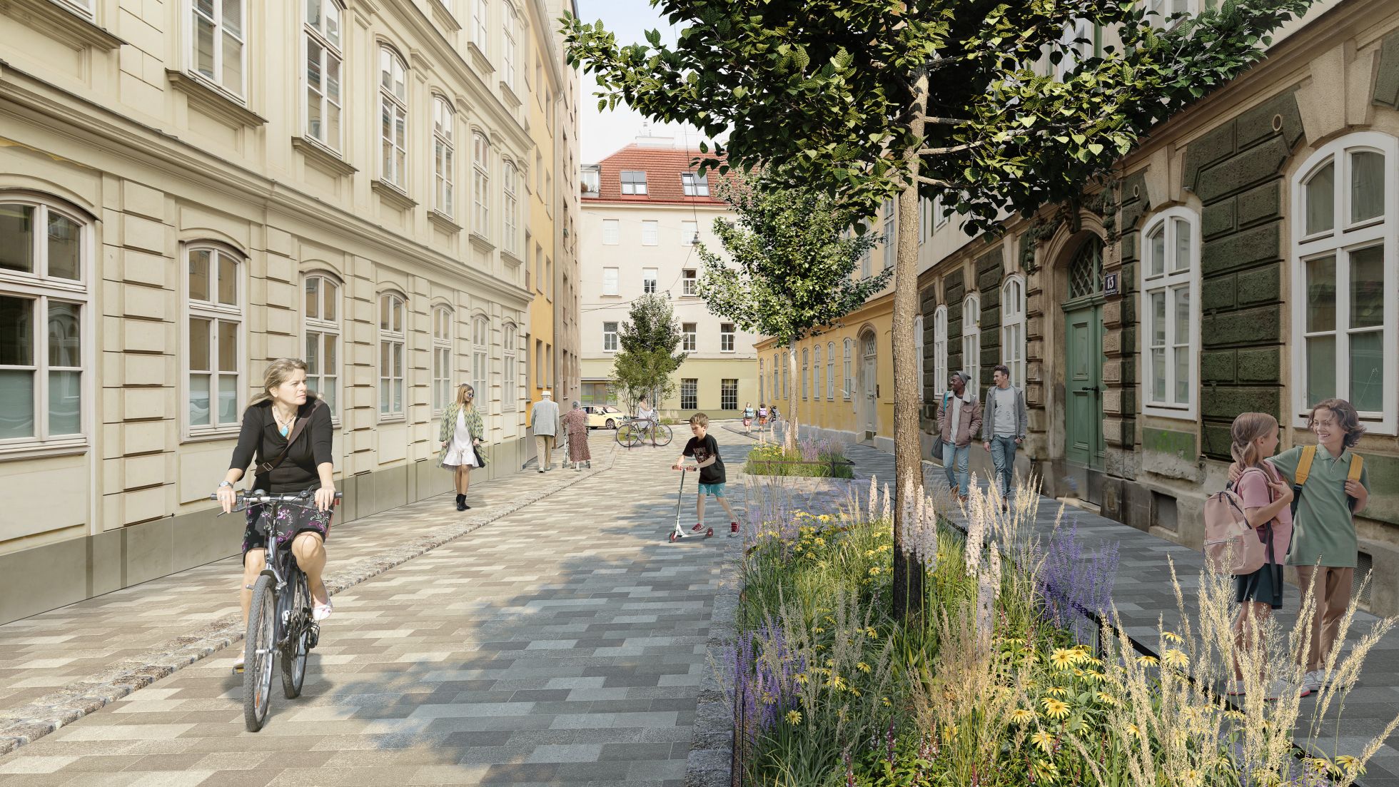 Rendering: Eine gepflasterte Begegnungsstraße mit Bäume und Beeten; Kinder spielen auf der Straße; eine Radfahrerin und Passanten sind unterwegs