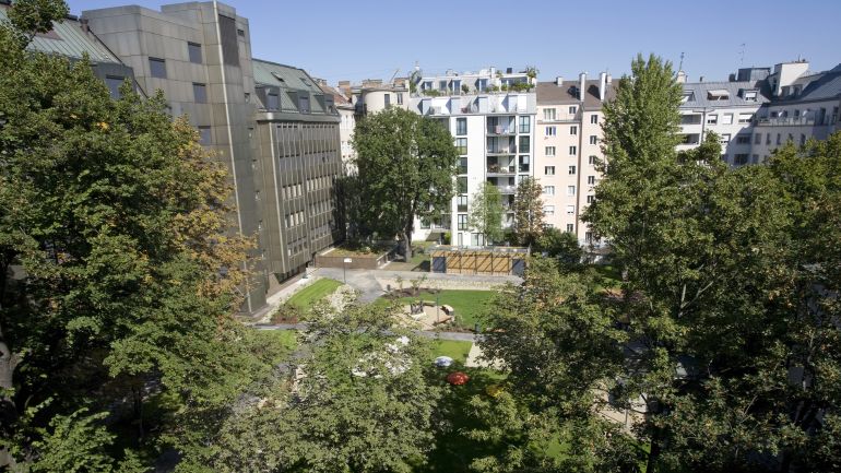 copyright: BV 8 Blick von oben in einen von Häusern und Bäumen umgebenen Garten