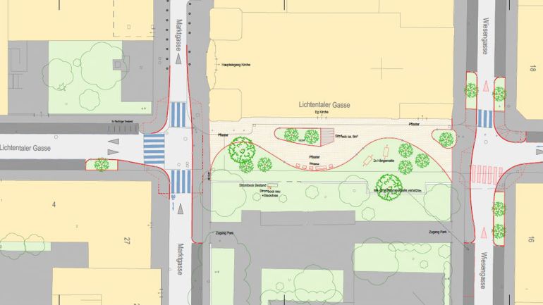 Plan mit Längsschnitt einer Parkanlage