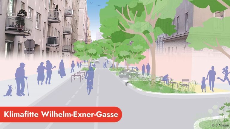 Visualisierung der begrünten, klimafitten Wilhelm-Exner-Gasse
