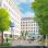 Rendering eines Platzes mit Bäumen, Menschen und einer U-Bahn-Station
