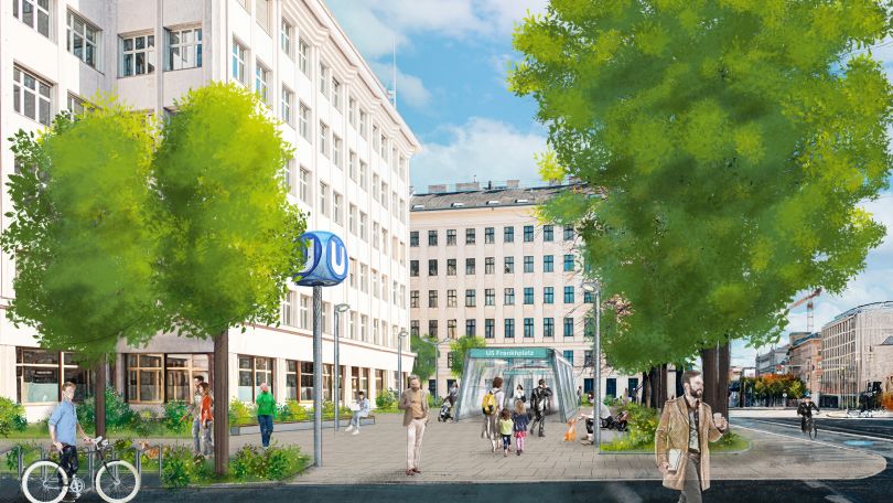 Rendering eines Platzes mit Bäumen, Menschen und einer U-Bahn-Station