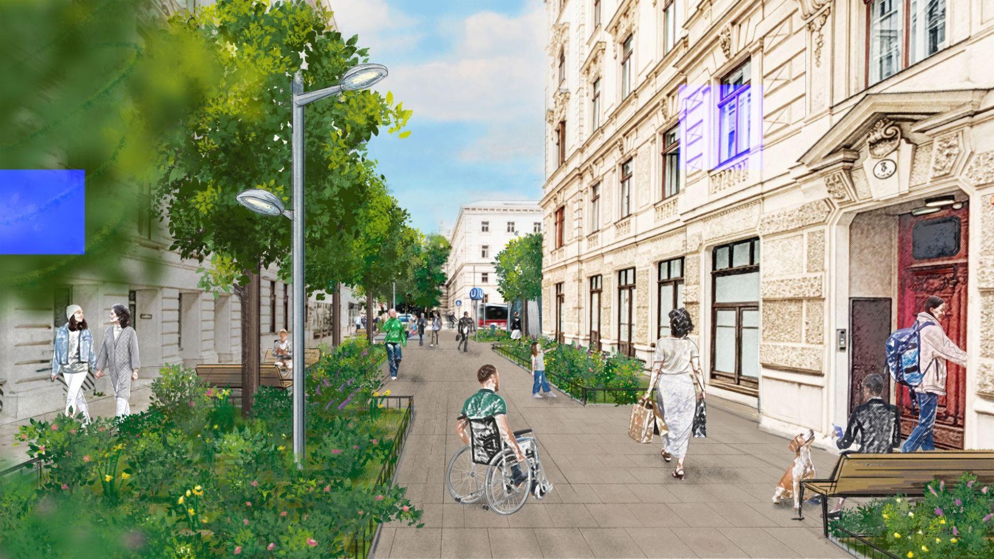 Visualisierung eines Weges mit Bäumen, Beeten und Sitzgelegenheiten.