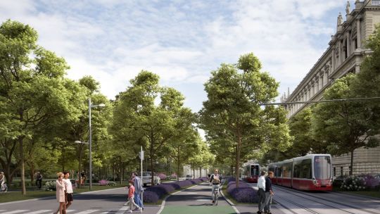 Visualisierung der Universitätsstraße mit Fahrradweg, Straßenbahn, Fußgänger*innen und Bäumen