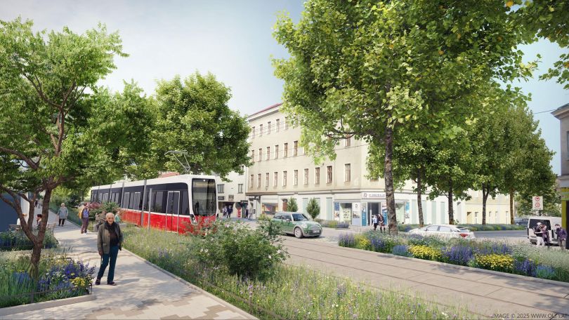 Rendering zum Umbau der Simmeringer Hauptstraße, viele Bäume und Sträucher