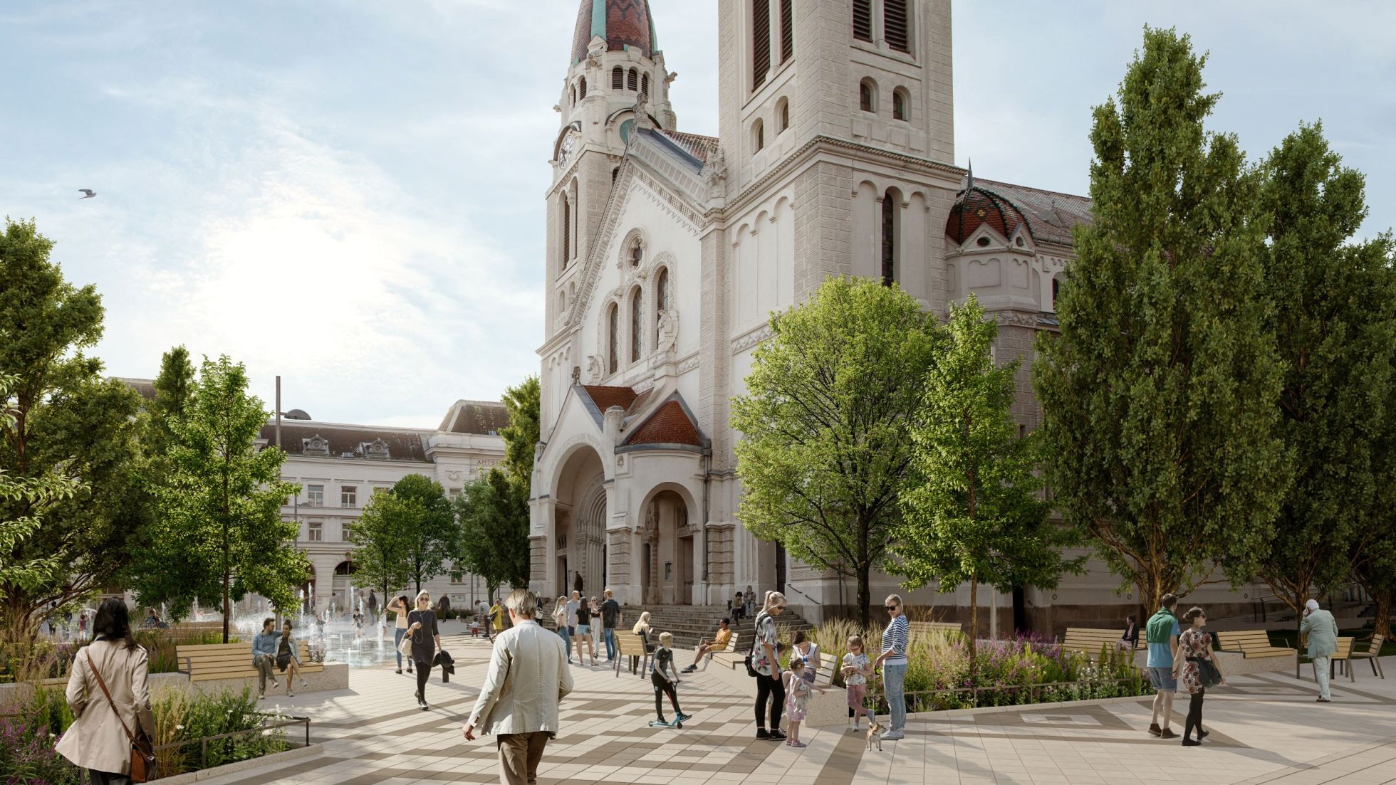 copyright: Stadt Wien - clemenslenhart.net Visualisierung des Enkplatzes mit vielen Menschen, Bäumen und Wasserspiel; im Hintergrund die Kirche