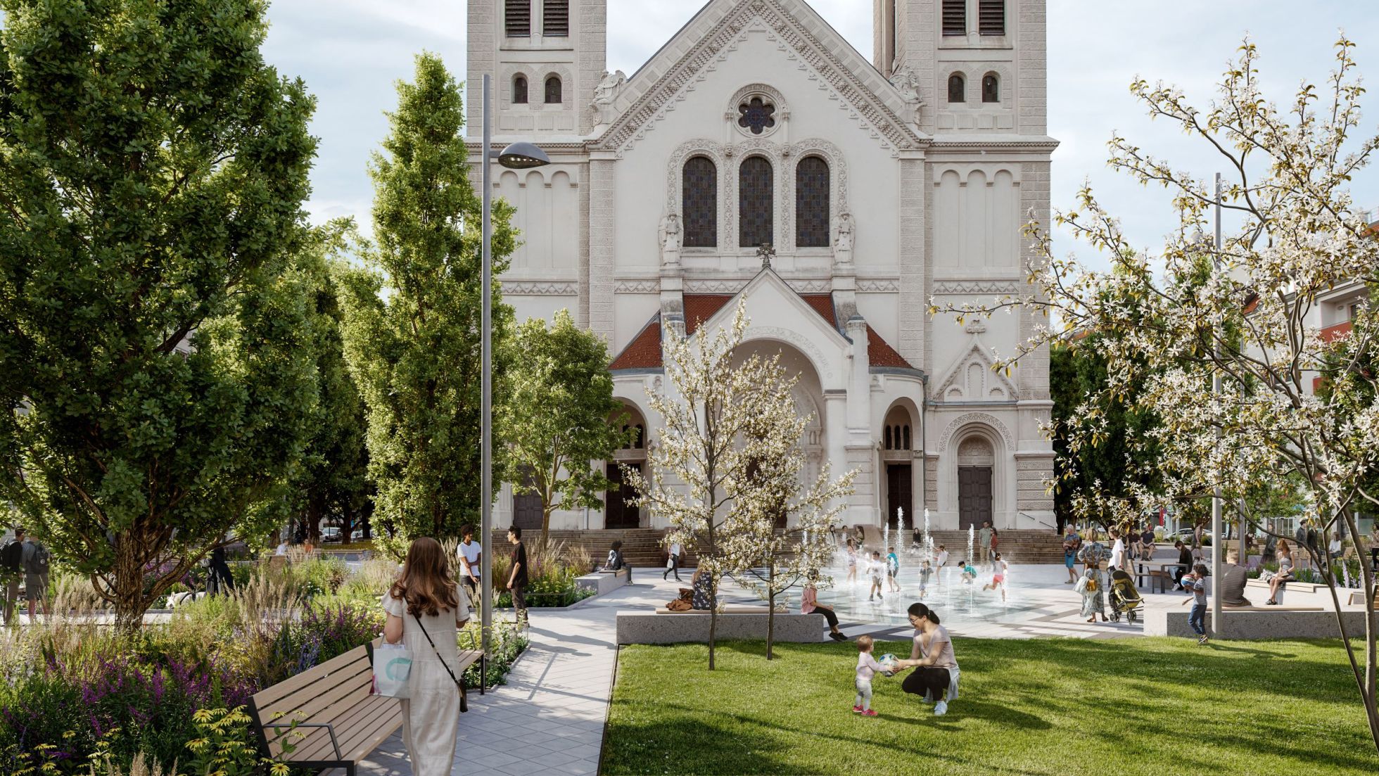 copyright: Stadt Wien - clemenslenhart.net Visualisierung des Enkplatzes mit einer Wiese und Bäumen im Vordergrund, dahinter ein Wasserspiel und die Kirche