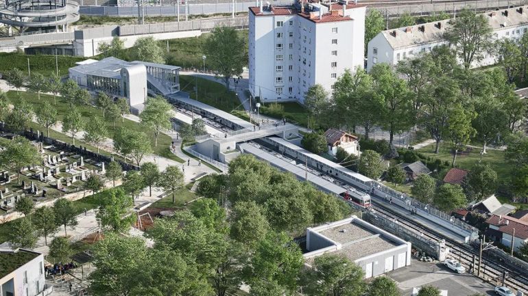 Visualisierung der U-Bahn-Station Tscherttegasse mit moderner Überdachung, Brücke über die Gleise und viel Bäumen