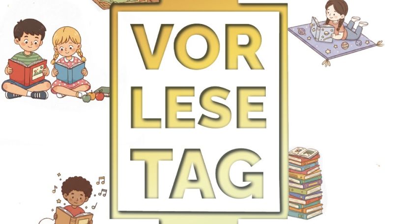 Zeichnungen mit lesenden Kindern und den Blocklettern VORLESETAG