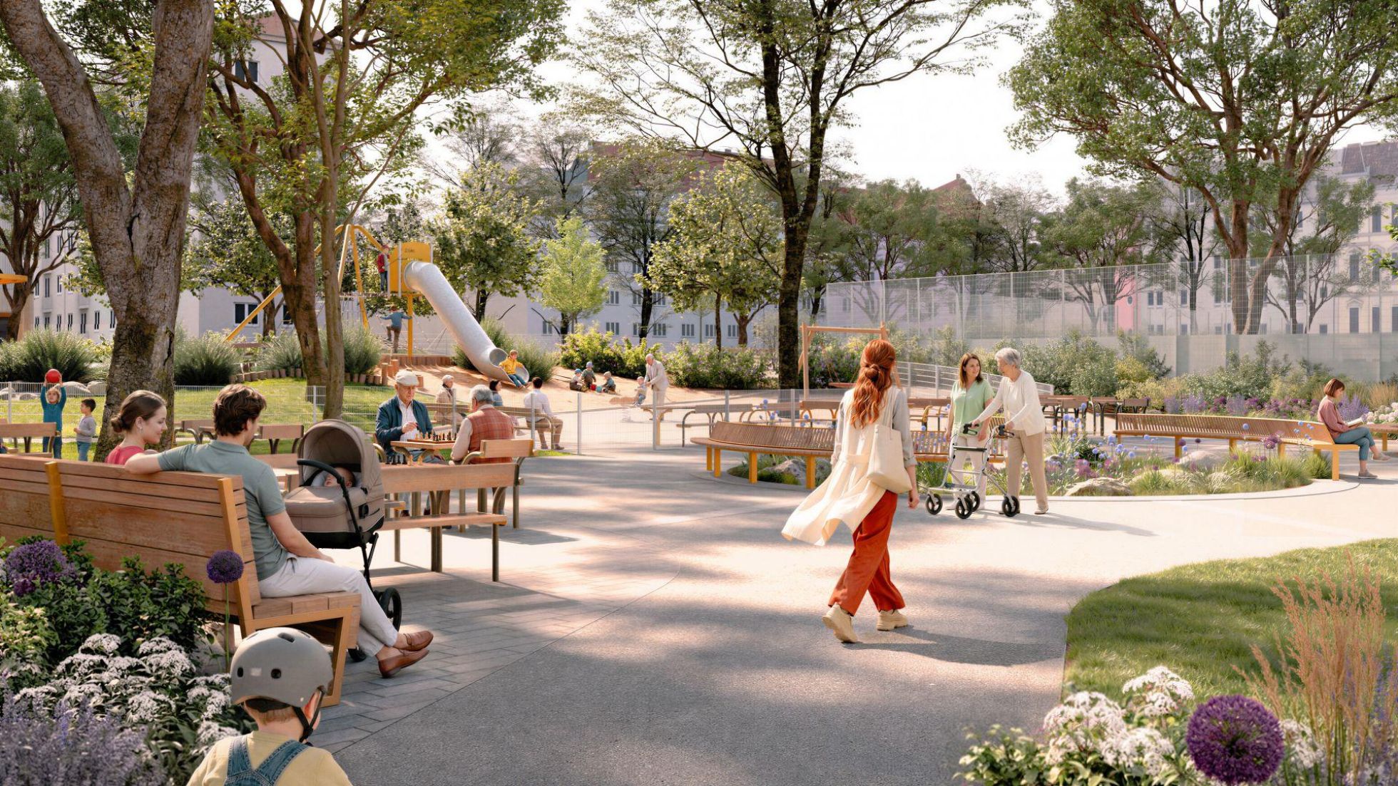 copyright: BÜRO KANDL LANDSCHAFTSPLANUNG Visualisierung eines Parks mit Sitzgelegenheiten, Bäumen und Gehwegen