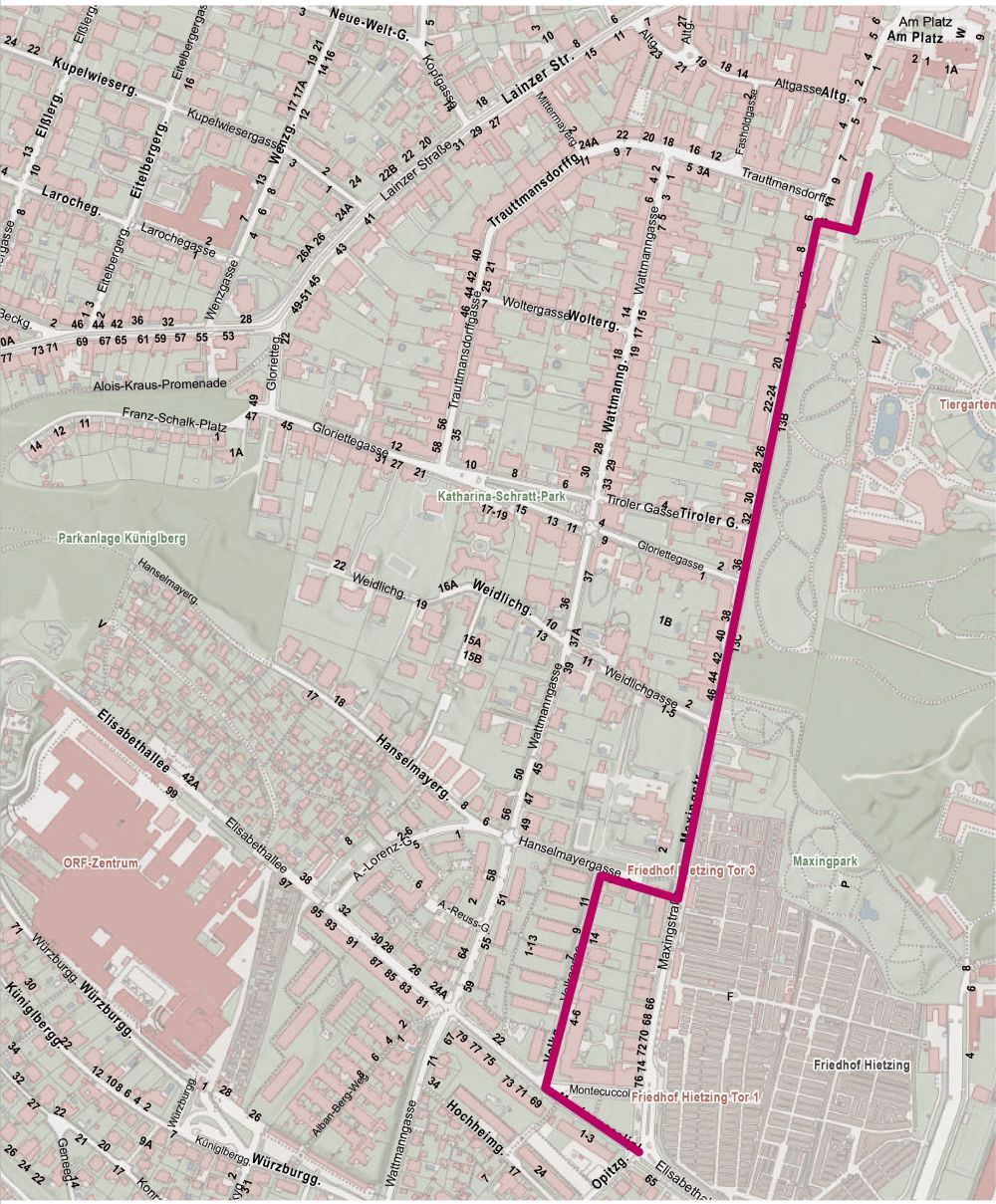 Plan zeigt Maxingstraße und Umgebung im 13. Bezirk