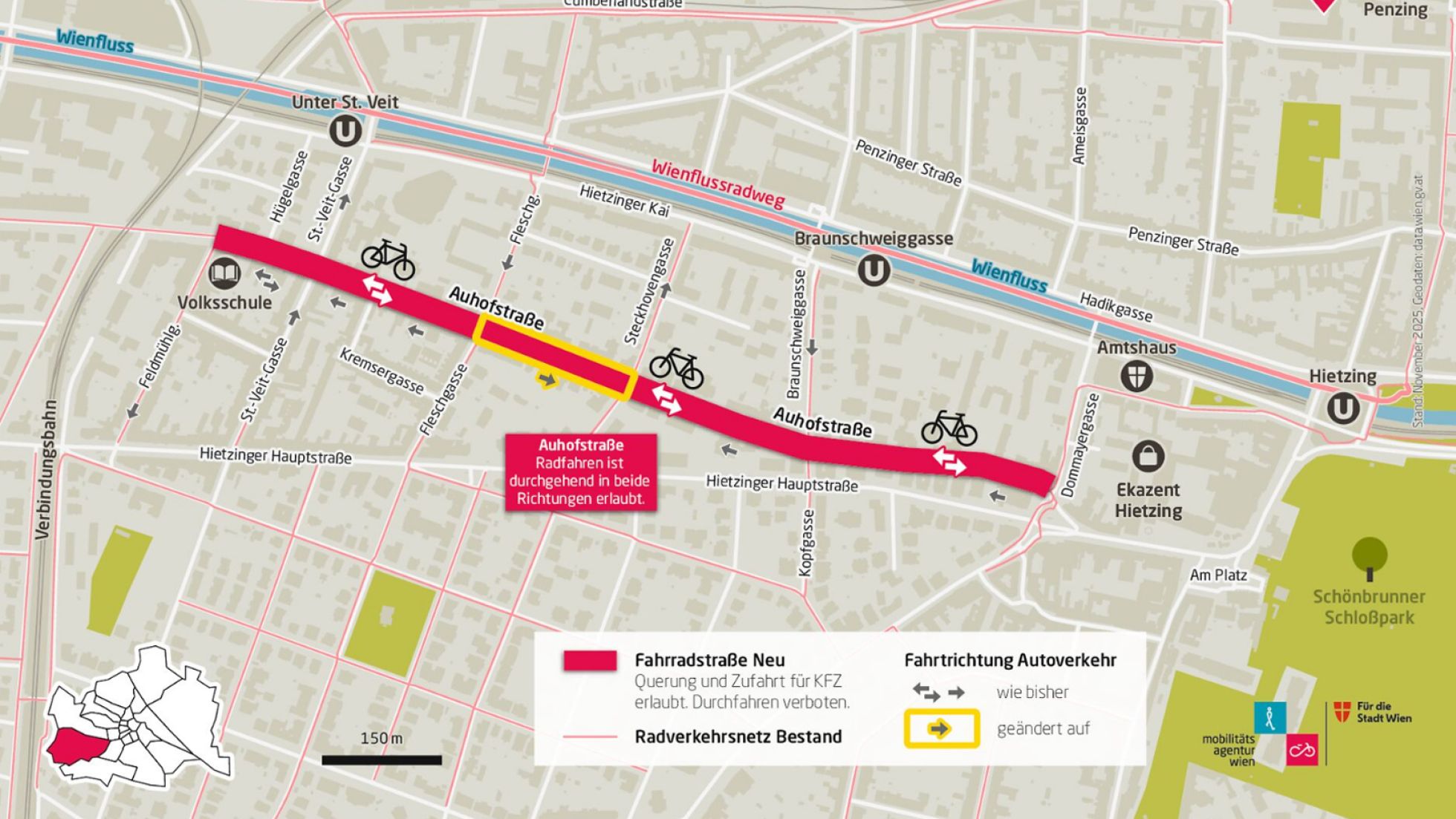 copyright: Mobilitätsagentur Wien Planskizze mit eingeszeichneter Fahhradstraße in der Auhofstraße