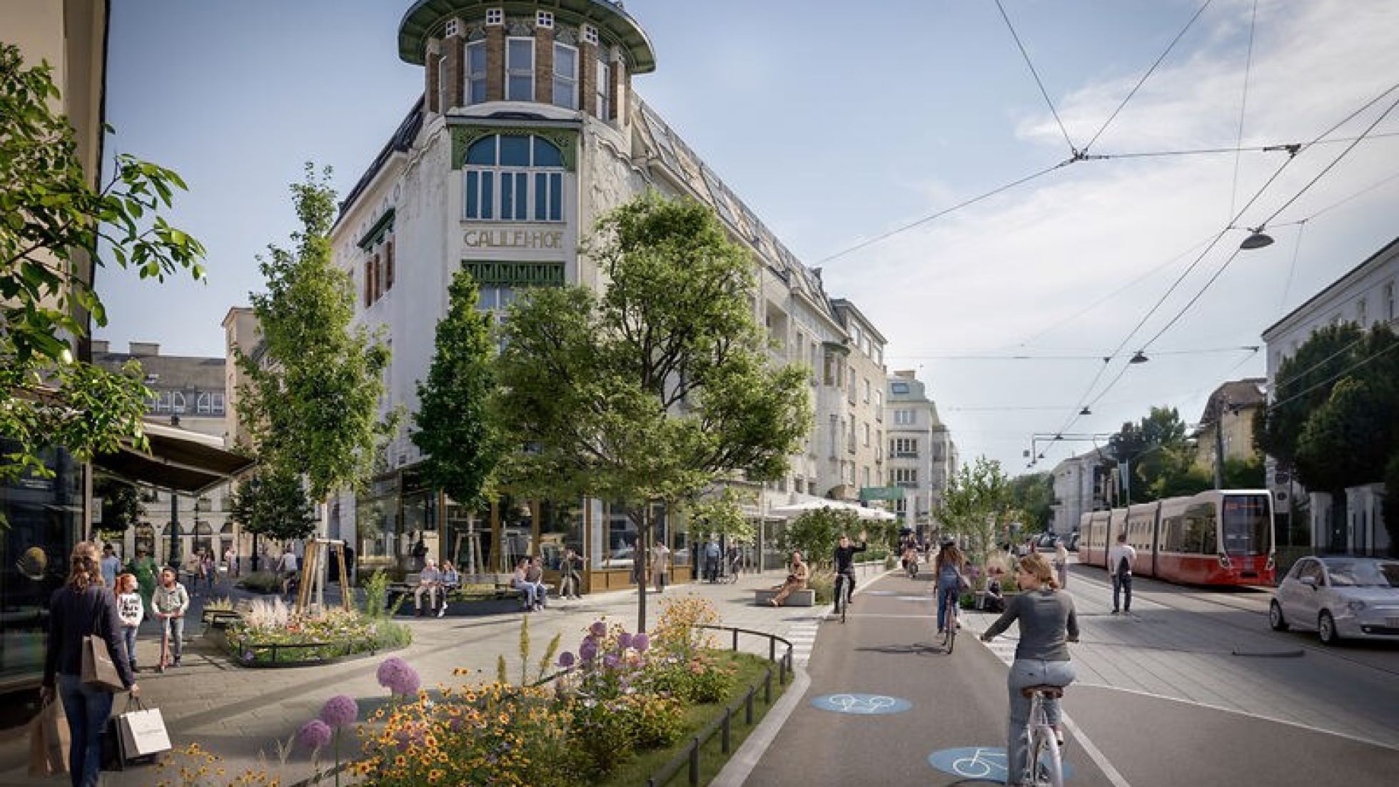 Rendering einer Straße mit Radweg, Autos, Straßenbahn und Bäumen