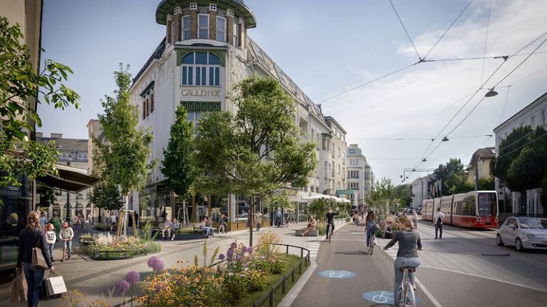 copyright: ZOOMVP.AT - Mobilitätsagentur Wien Rendering einer Straße mit Radweg, Autos, Straßenbahn und Bäumen