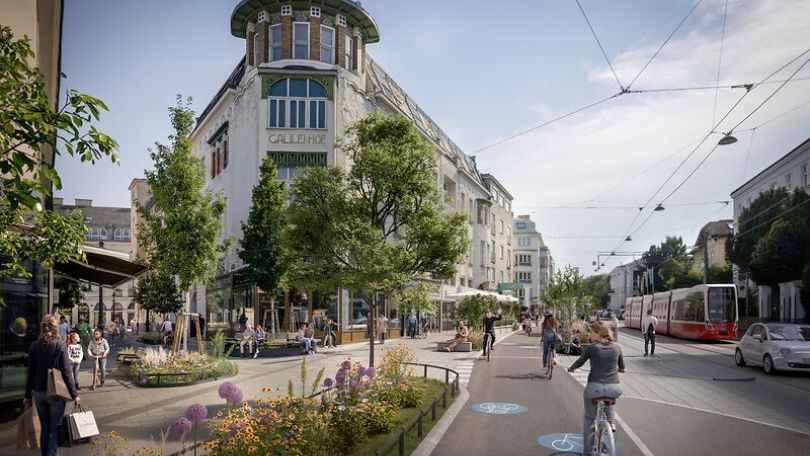 Rendering einer Straße mit Radweg, Autos, Straßenbahn und Bäumen