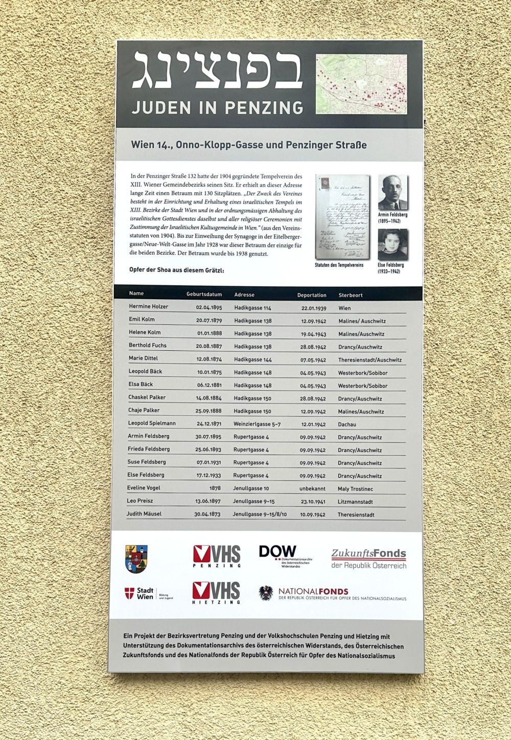 Gedenkftafel für jüdisches Leben in Penzing