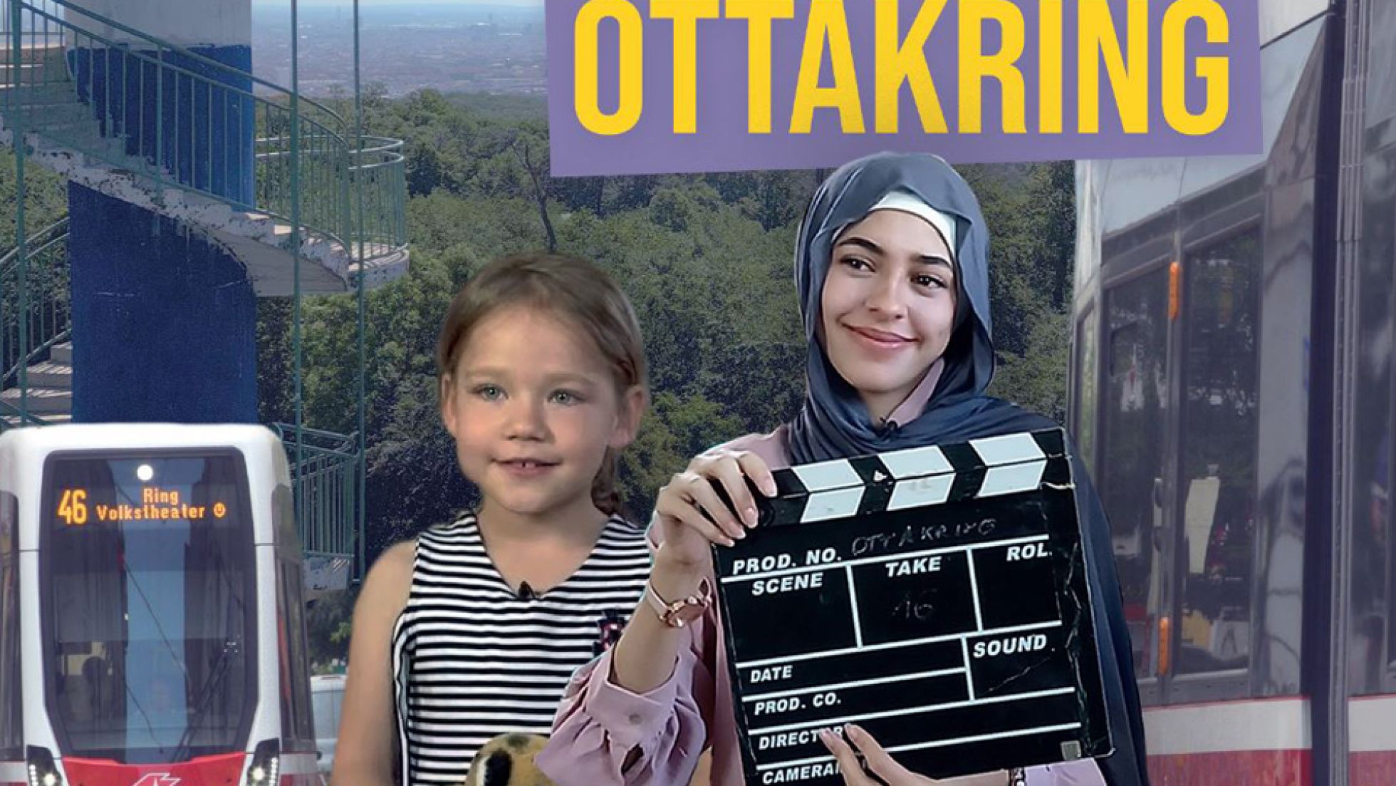 Collage mit 2 Mädchen, im Hintergrund eine Straßenbahn, Häuser und Wälder