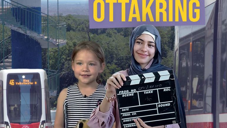 Collage mit 2 Mädchen, im Hintergrund eine Straßenbahn, Häuser und Wälder