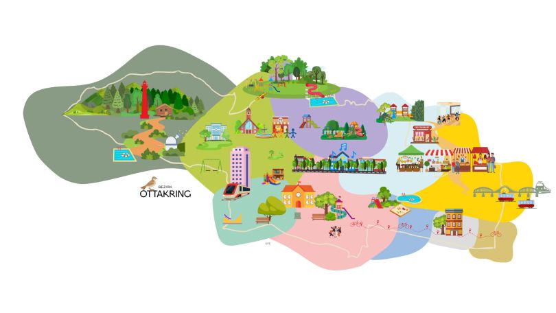 Vereinfachte Übersichtskarte vom Bezirk Ottakring; Teile sind unterschiedlich eingefärbt