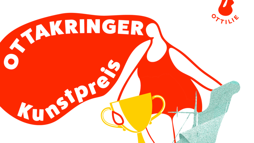 Grafik mit den Umrissen einer fülligeren Person in orange und weiß gehalten. Dazu der Text "Ottilie - Ottakringer Kunstpreis" und ein gelber Pokal