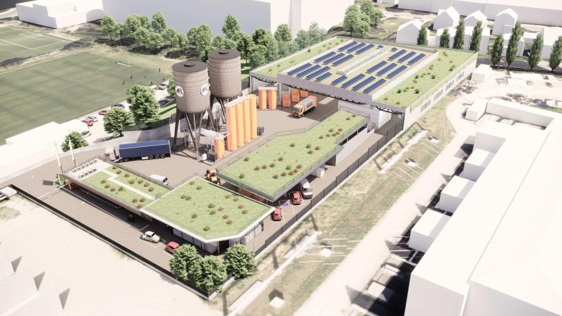 copyright: Stadt Wien - Abfallwirtschaft, Straßenreinigung und Fuhrpark (MA 48) Visualisierung des neuen Mistplatzes mit großem Einzugsgebiet für moderne Abfallwirtschaft einer Großstadt.