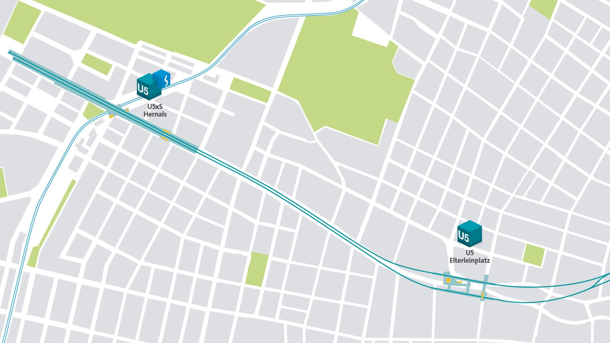 copyright: Wiener Linien Stadtplanausschnitt mit den künftigen U5-Stationen "Hernals" und "Elterleinplatz" inklusive der Streckenführung der neuen U-Bahnlinie