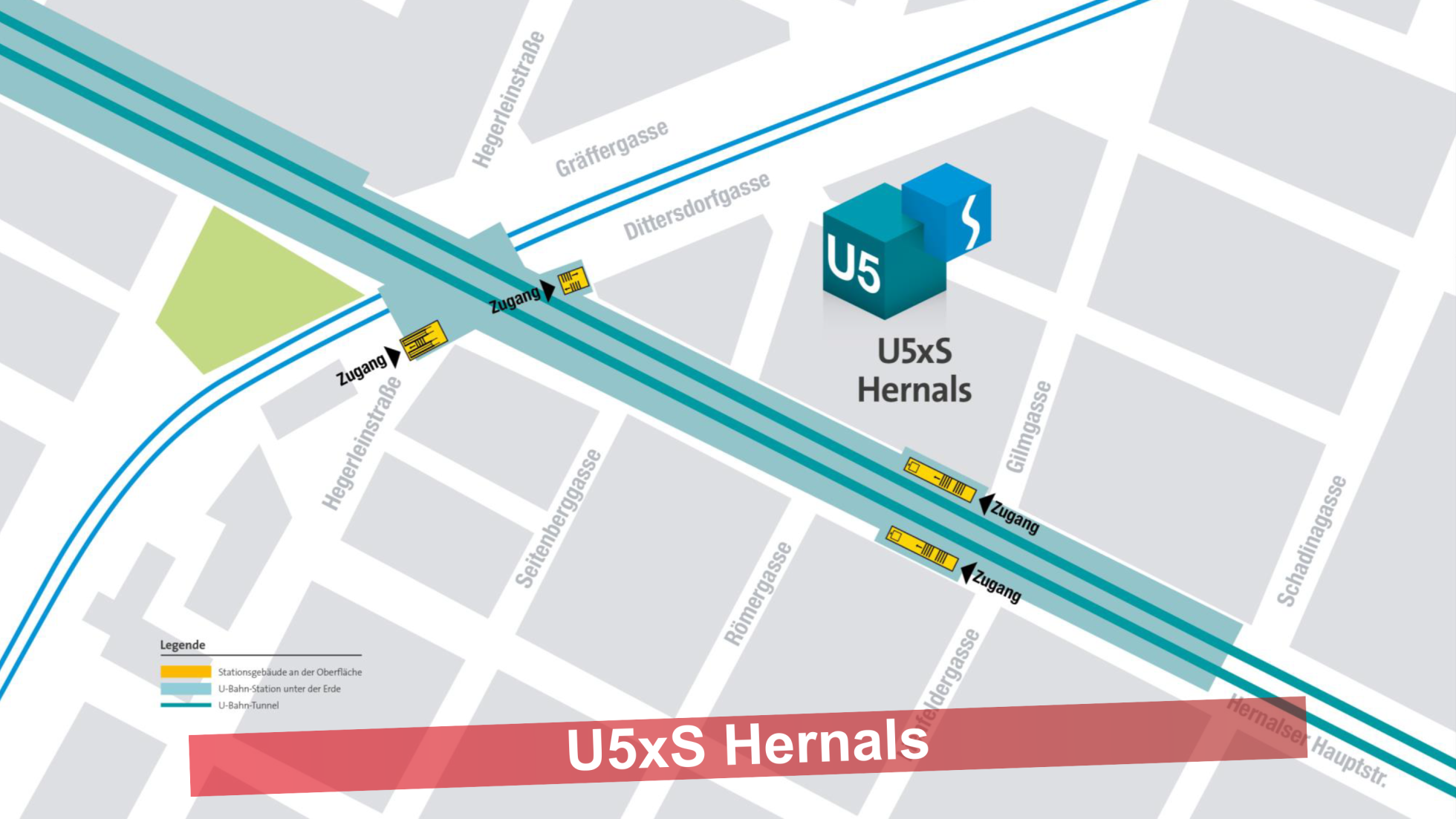 Stadtplanausschnitt vom Knotenpunkt der Vorortelinie S45 in Hernals mit den Zugängen zur künftigen U5-Station
