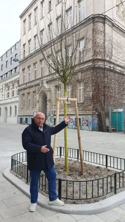 Peter Jagsch neben einem neu gepflanztem Baum im Stadtgebiet
