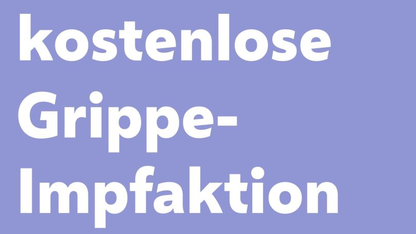 Weißer Schriftzug "kostenlose Grippe-Impfaktion" auf lila Hintergrund