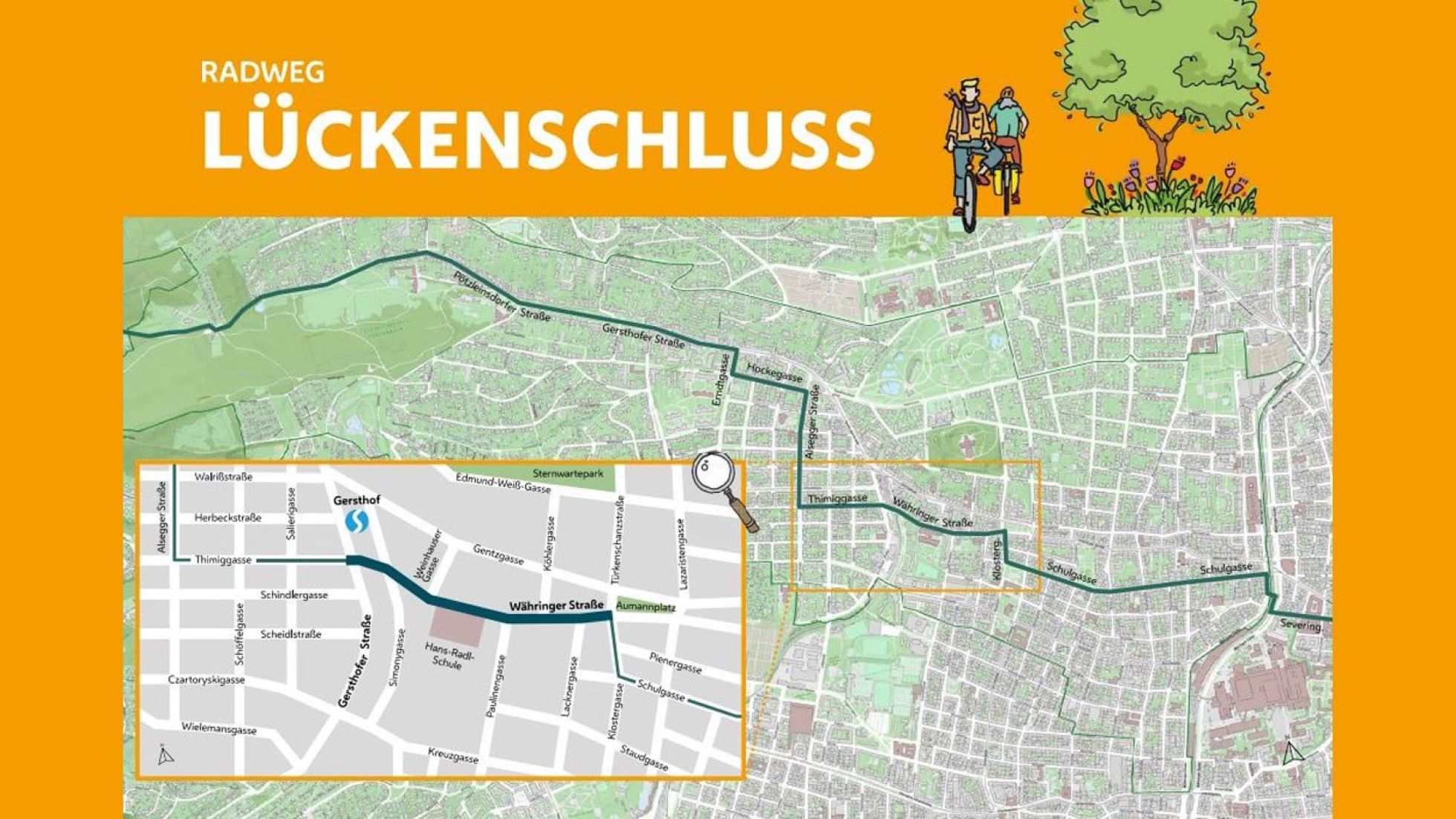 copyright: BV 18 Karte mit eingezeichnetem Radweg zum Lückenschluss in der Währinger Straße