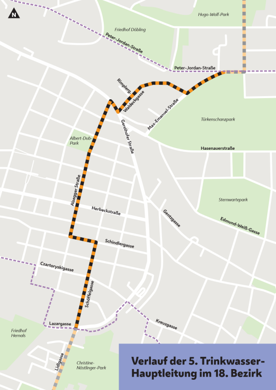 Stadtplan mit Verlauf der 5. Trinkwasser-Hauptleitung im 18. Bezirk