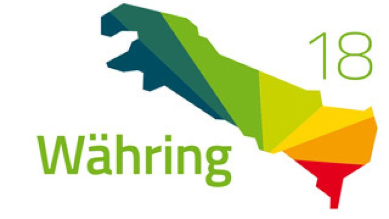 copyright: BV 18 Logo der Bezirksvorstehung Währing: Umriss des 18. Bezirks in grün-gelb-rot dargestellt; darunter der Text "Währing"; darüber die Ziffer 18