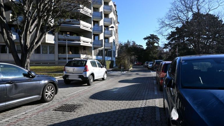 Gepflasterte Straße mit parkenden Autos vor einem Wohngebäude.