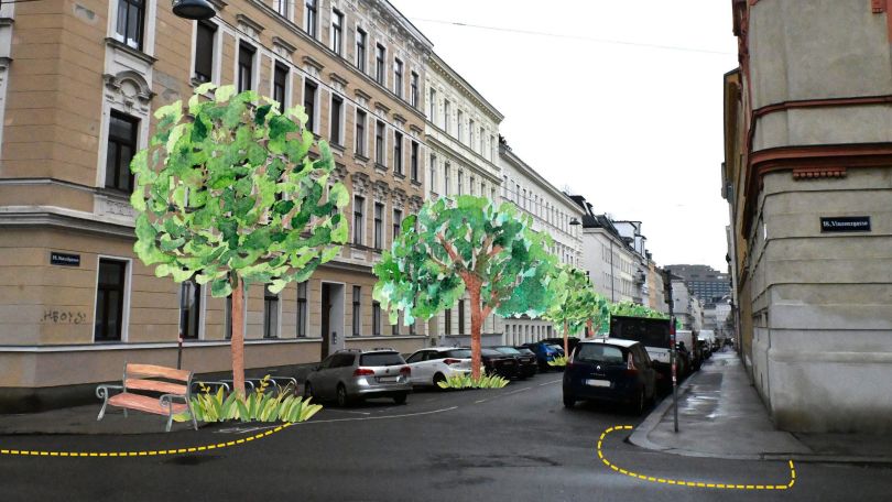 Staudgasse mit eingezeichnetes Bäumen und Sitzbank