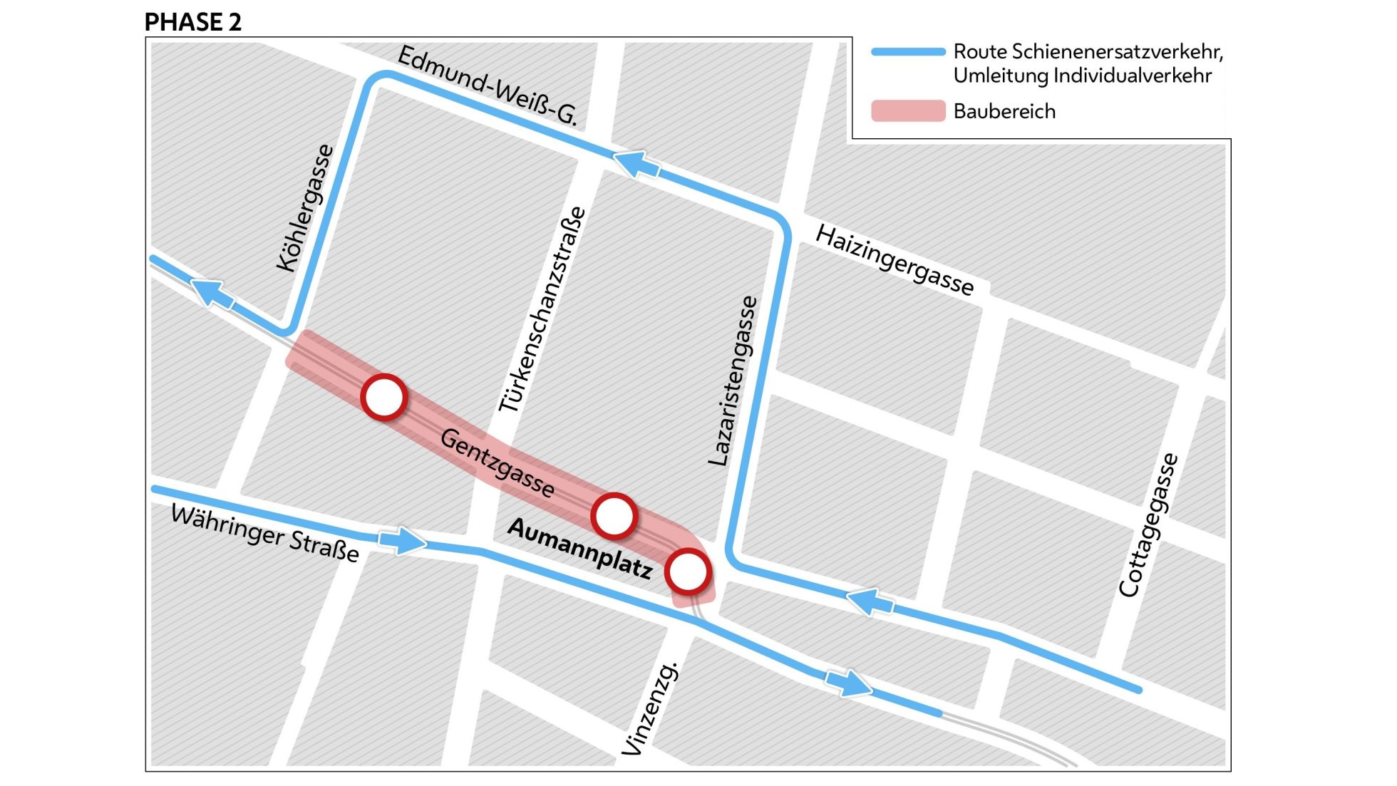 Stadtplanausschnitt mit rotmarkiertem Bereich der 2. Phase der Gleisbauarbeiten im Bereich Aumanngasse