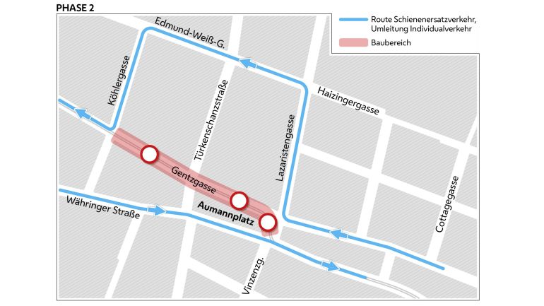 Stadtplanausschnitt mit rotmarkiertem Bereich der 2. Phase der Gleisbauarbeiten im Bereich Aumanngasse