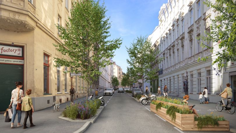 Visualisierung der Währinger Straße mit Bäumen, Mensche und Fahrzeugen