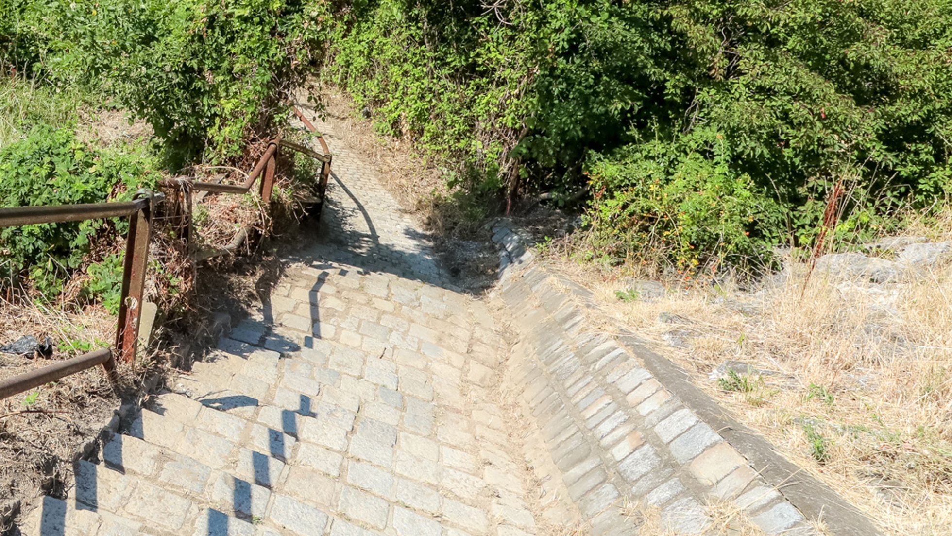 Abwertsführende gepflasterte Stiege, daneben grüne Büsche